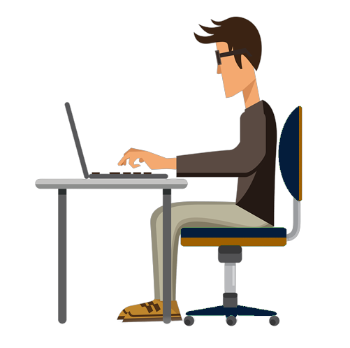 A man with a with glasses sitting on an office chair and typing on a laptop